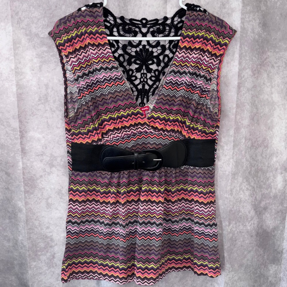 Y2K Bongo Women Large Multi Color Chevron Boho Lace Back Belted Top